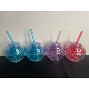 Set of 4 Glitter Tumbler Cup 12oz Party Drinkware Straw‎ Lid Red Blue Purple